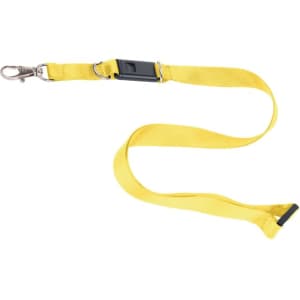 A yellow lanyard with a clip and adjustable buckle, featuring a branding logo.