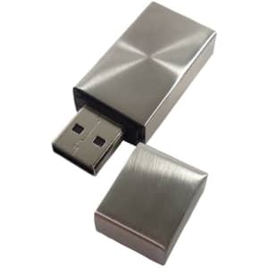 A metallic silver flash drive with a removable cap, featuring a sleek, brushed finish.