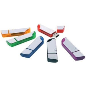 A collection of six Stargon flash drives in various colours: orange, green, blue, and purple, with silver accents.