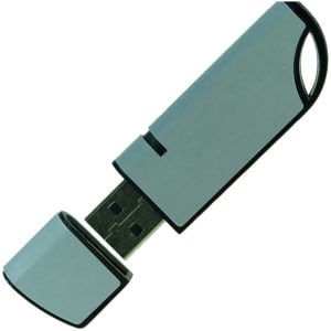 A silver flash drive with a black trim, featuring a removable cap and a USB connector.