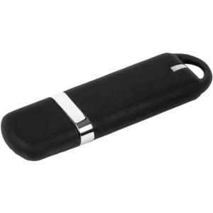 A black Enterprise Flash Drive with a silver band, featuring a rounded end for easy handling.