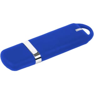 A blue flash drive with a silver band and a loop for attachment, featuring a smooth design.