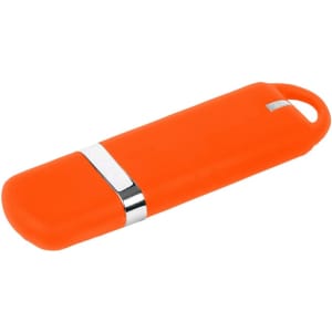 An orange flash drive with a silver band, featuring a loop for easy attachment, and a smooth, rounded design.