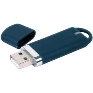 A navy blue flash drive with a metallic end and a removable cap, featuring a branding logo.