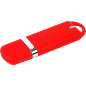 A red flash drive with a sleek design and a silver band, featuring a loop for easy attachment.