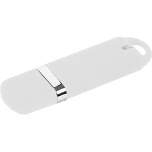 A white flash drive featuring a sleek design with a silver metallic band and a loop for easy attachment.