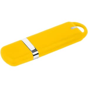A yellow flash drive with a silver band, featuring a sleek design and a built-in attachment loop.
