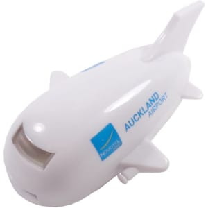 A white aeroplane-shaped flash drive with blue branding, designed for technology and promotional use.
