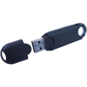 A black USB flash drive with a removable cap, designed for data storage. It features a circular hole for attachment.