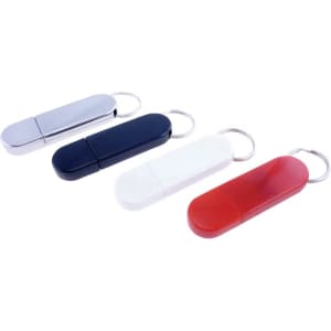 A set of four flash drives in silver, navy blue, white, and red, each with a keyring attachment.