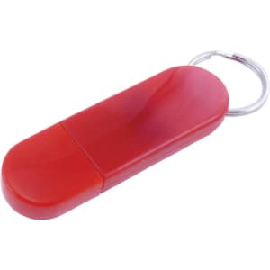 A red flash drive with a smooth, rounded design and a keyring attachment.
