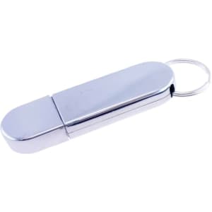 A silver flash drive with a sleek design and a keyring attachment. It has a smooth metallic finish.