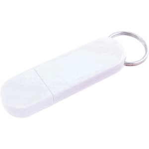 A white flash drive with a keyring attachment. It has a smooth, rounded design.