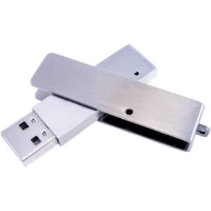 A slim brushed metal swivel drive in silver with a USB connector and a branding logo.
