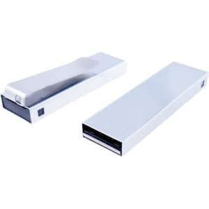 A sleek, silver USB clip drive with a minimalist design, featuring a branding logo on one side.