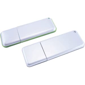 Two aluminium slim drives in white with green accents, featuring a simple design and a logo on one side.