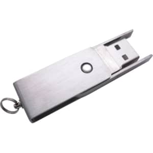 A metallic silver flash drive with a slide and swivel design, featuring a keyring attachment.