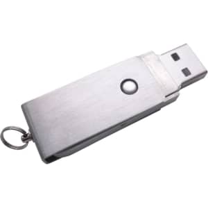 A metallic silver flash drive with a sliding mechanism and keyring attachment. It features a simple design.