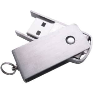 A silver metal flash drive with a sliding and swivelling mechanism, featuring a small keyring attachment.
