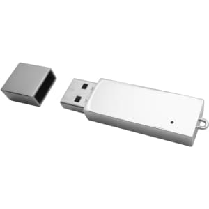 A sleek silver flash drive with a removable cap, featuring a small attachment loop.