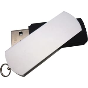 A pentagon-shaped flash drive in silver and black with a keyring attachment. It has a sleek design.