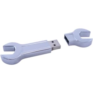 A silver wrench-shaped USB flash drive with a removable cap, showcasing a sleek, metallic design.