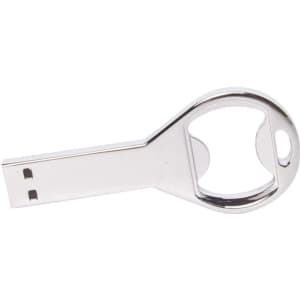 A drink bottle opener designed as a silver USB flash drive with a loop for attachment and a logo.