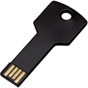 A black USB flash drive shaped like a key, featuring a small hole for attachment and a simple design.