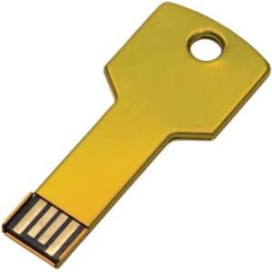 A yellow USB key COB flash drive shaped like a key, featuring a metallic finish and a hole for attachment.