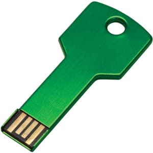 A green USB key flash drive shaped like a key, featuring a hole for attachment. It has a sleek metal finish.