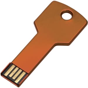 An orange USB key COB flash drive shaped like a key, with a metal finish and a hole for attaching a keyring.