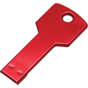 A red USB key flash drive shaped like a key, featuring a circular hole and smooth metallic finish.