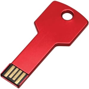 A red USB key COB flash drive with a key-shaped design and a keyring hole.