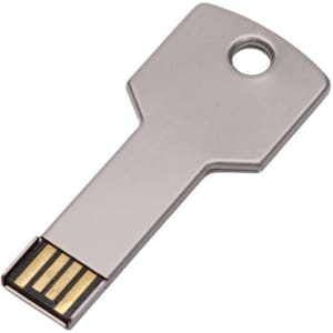 A silver USB key flash drive shaped like a key, featuring a loop for attachment and a minimalist design.