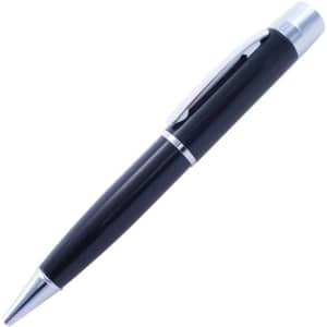 A black USB pen with silver accents and a clip, featuring a logo on the barrel.