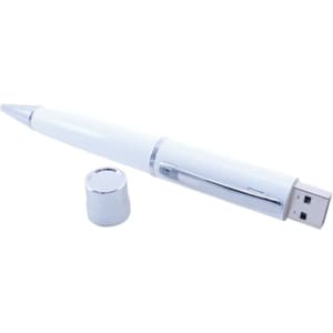 A white USB pen with a chrome clip and a removable cap, featuring a sleek design.