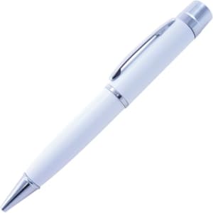 A white USB pen with silver accents and a sleek design. The pen features a clip and a glossy finish.