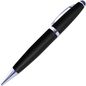 A black stylus USB pen with a shiny silver clip and tip, featuring a logo on the barrel.