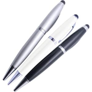 A collection of three stylus USB pens in silver, black, and white, featuring a sleek design and branding.