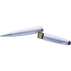 A silver stylus USB pen with a removable cap revealing a USB connector. It features a sleek design and a logo.