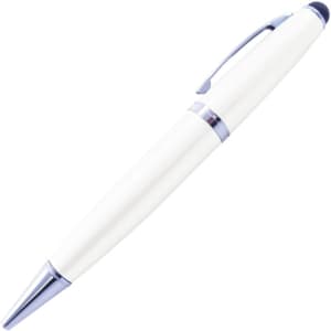 A white stylus USB pen with chrome accents, featuring a clip and a rounded tip. It has a logo on the barrel.