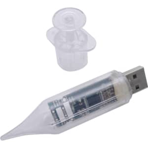 A syringe-shaped flash drive in clear plastic, featuring a USB connector and a removable cap.