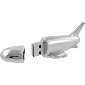 A silver metal plane flash drive with a removable cap, featuring sleek design elements.