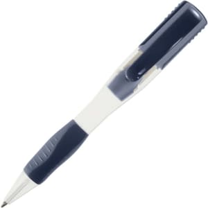 A pen with a blue and clear design, featuring a comfortable grip and a clip for attachment.