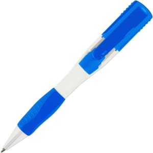 A blue and white pen with a clip and a logo on the barrel.
