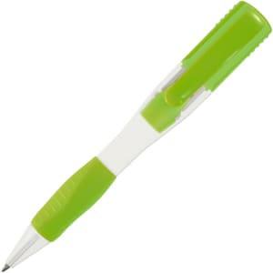 A green and clear pen with a textured grip and a click mechanism on top, featuring a logo.