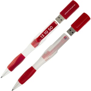 A red and white pen with a USB drive section, featuring a logo and a removable cap.
