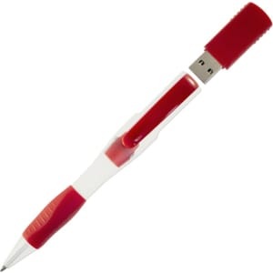 A red and white USB pen with a removable cap, featuring a clip and a logo on the side.