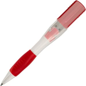 A red and clear pen with a USB flash drive integrated into its design, featuring a simple logo.