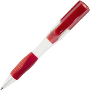 A red and transparent pen with a textured grip and a retractable tip. It features a logo on its body.